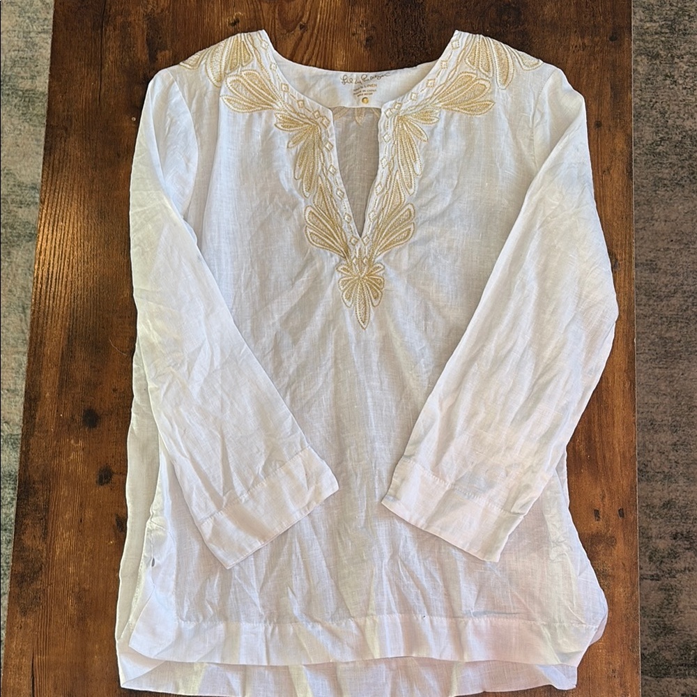 Lilly Pulitzer White and Gold Linen Tunic